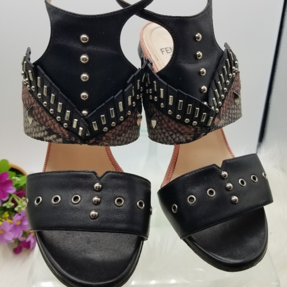 Fendi Monster Rocker Bug Studded Leather Ankle Strap Heels  US 5.5 EU 36